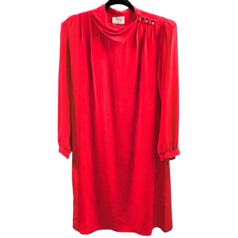 Vintage 80s SILK Elegant Red Cowl Neck Shift Dress Minimalist Old Money 7/8 - Picture 1 of 10